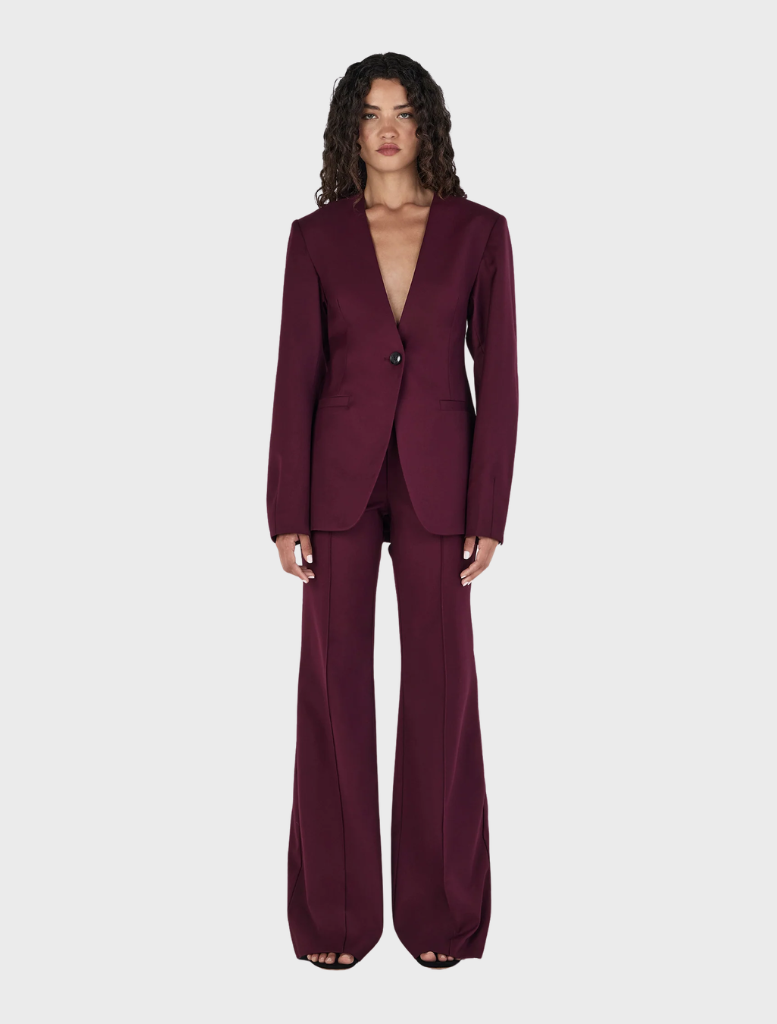 Maroon Maxine collarless blazer, tailored fit, featuring a sleek design suitable for professional or casual wear.