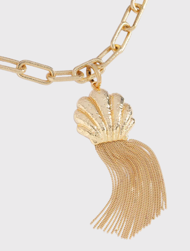 Stylish gold Capri Chain Link Necklace with fringe and shell charm, made from recycled materials and finished in 14k gold plating.
