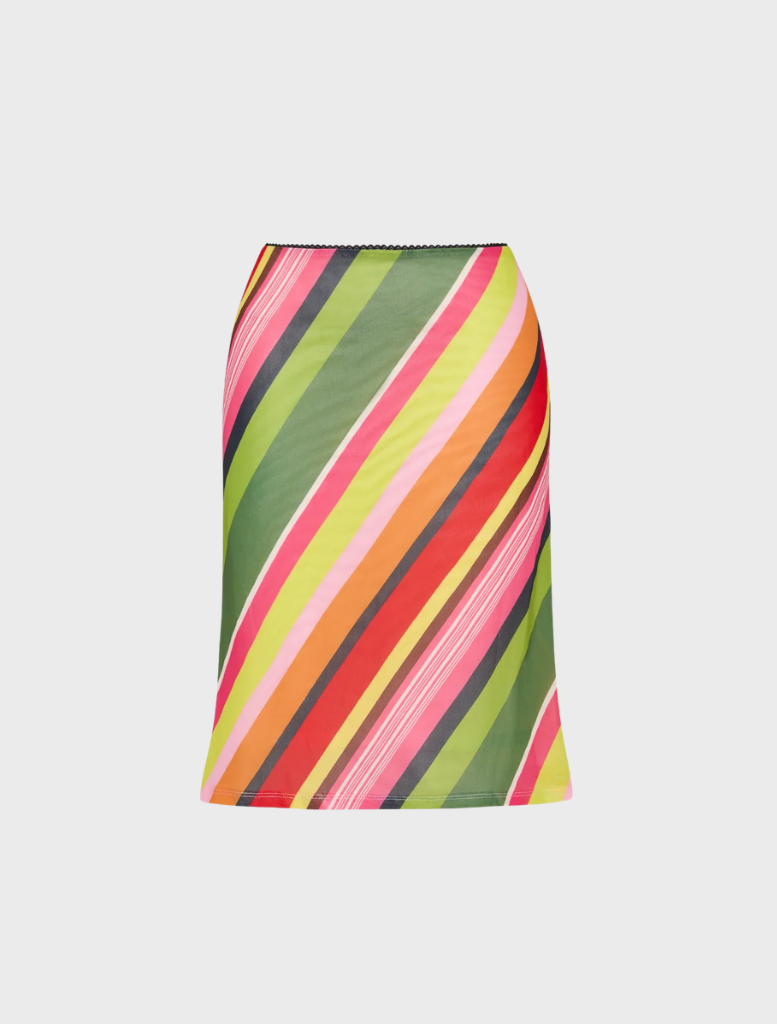 Elegant midi skirt made of mesh fabric, showcasing a striking emerald stripe design for a stylish look.