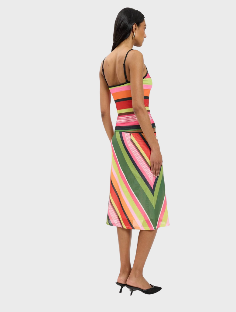 A vibrant emerald stripe mesh midi skirt, combining elegance and trendiness for a versatile wardrobe piece.