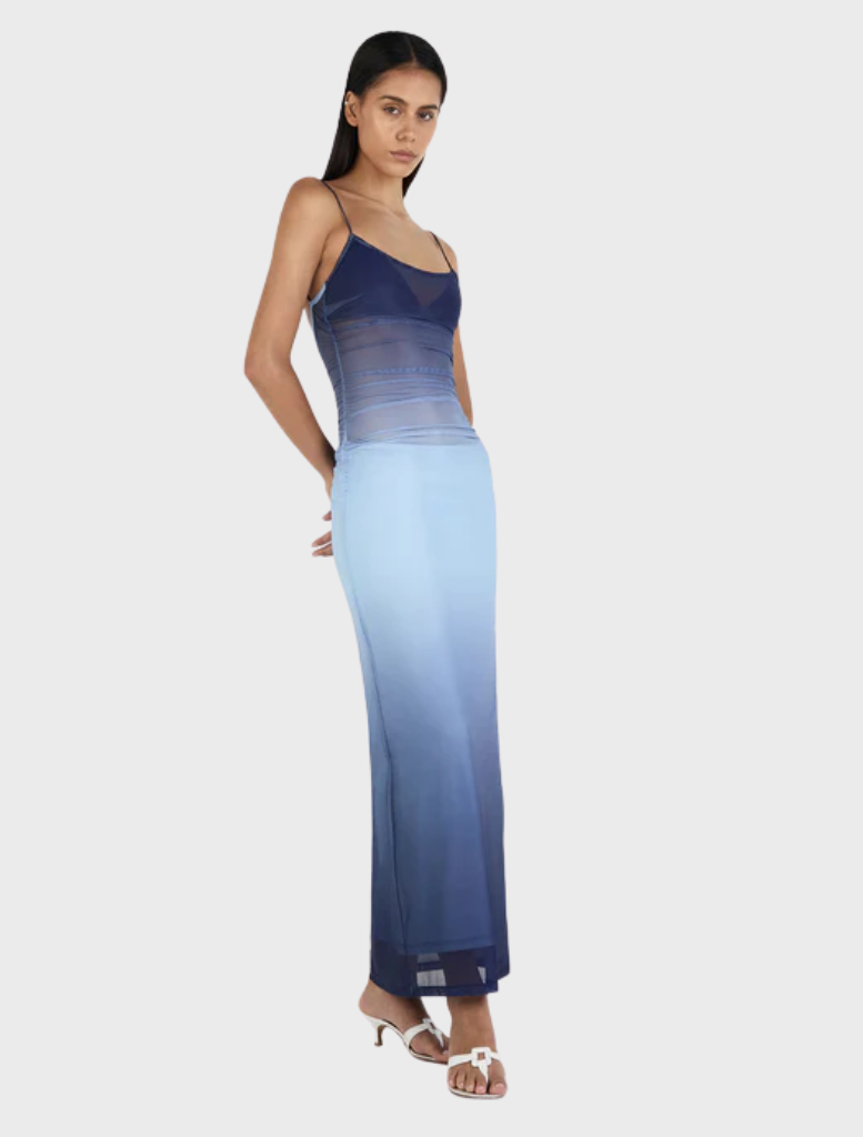 Stylish Arabella midi dress in ocean gradient, featuring a soft blend of blue and green for a chic, flowing look.