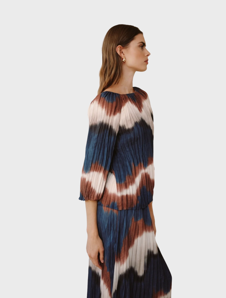 Elegant 3/4 bubble sleeve blouse with pleats, adorned in a striking Midnight Tides print of deep blues and greens.