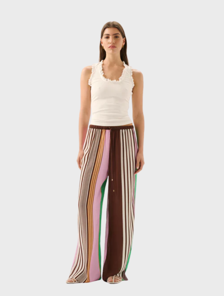 The Miles Pant showcases a vibrant Tango Stripe pattern, perfect for adding flair to any casual outfit.