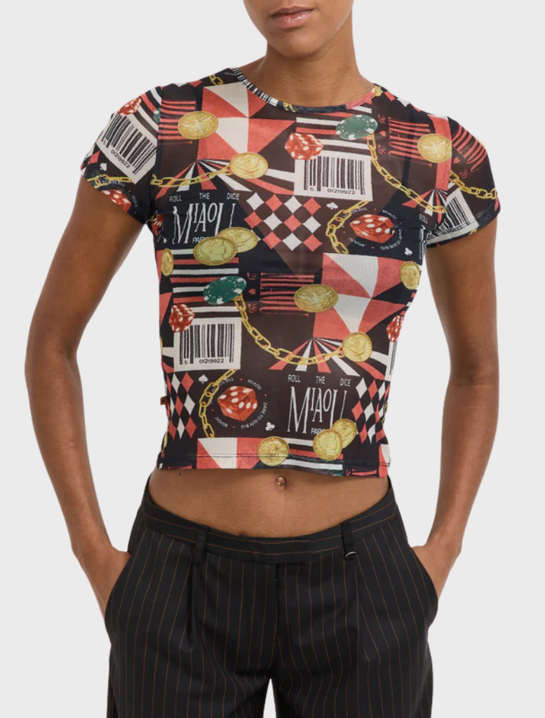 A vibrant mini tee showcasing a casino theme, complete with illustrations of dice and playing cards.