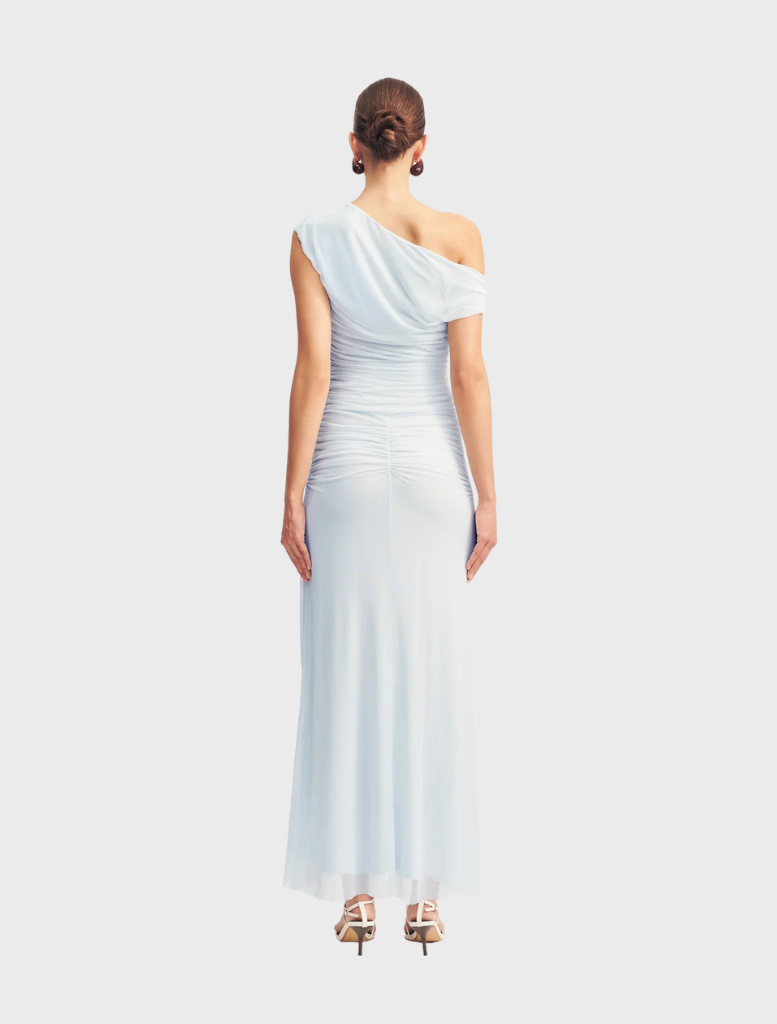 Stylish sky blue off-shoulder maxi dress, offering a chic and breezy look for various summer events.