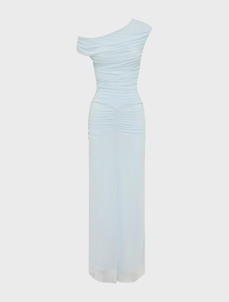 Elegant sky blue off-shoulder maxi dress featuring a long, flowing design ideal for warm weather occasions.