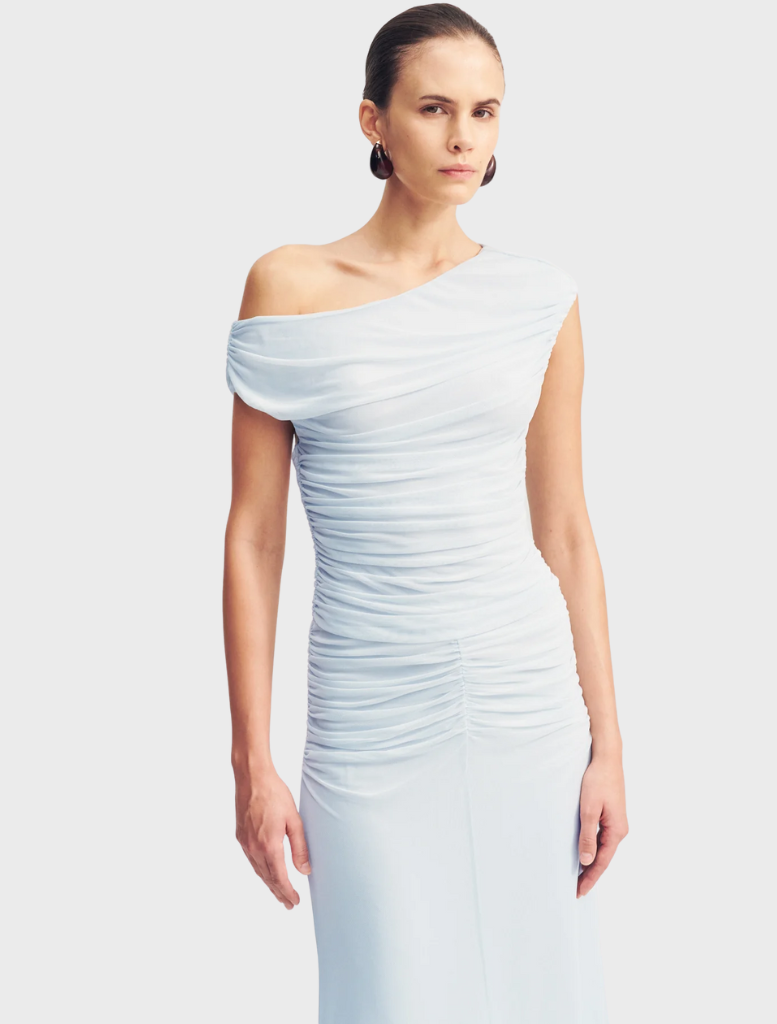 Elegant sky blue off-shoulder maxi dress featuring a long, flowing design ideal for warm weather occasions.