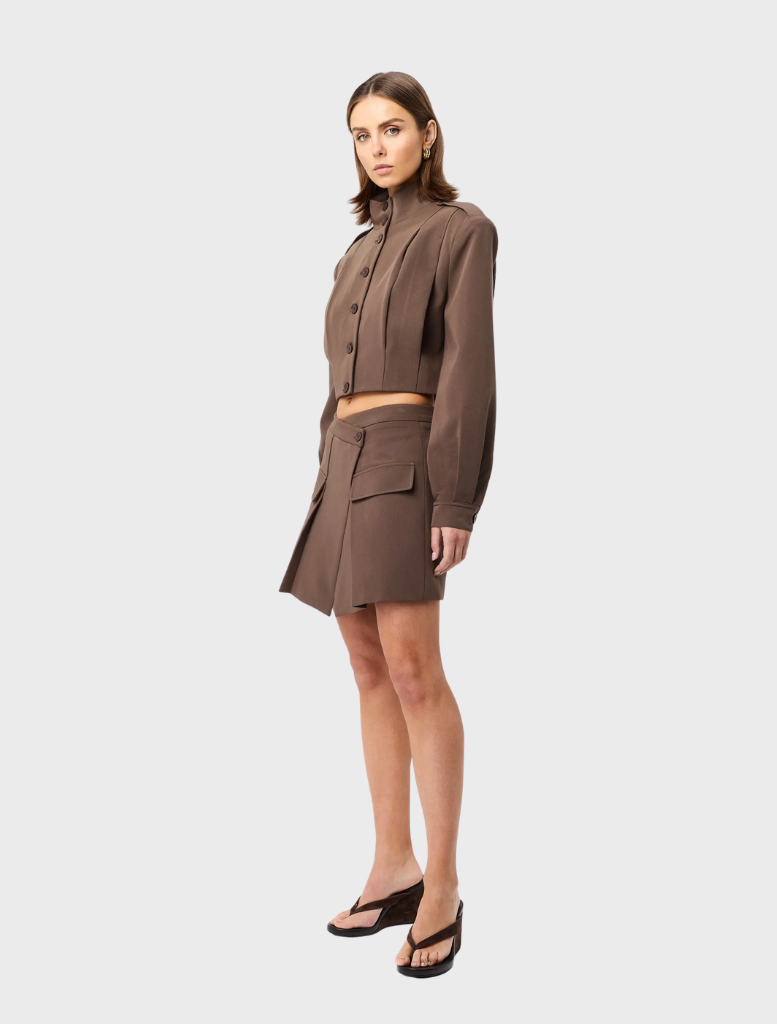 Mocha-colored Vault Bomber jacket displayed on a hanger against a neutral background.