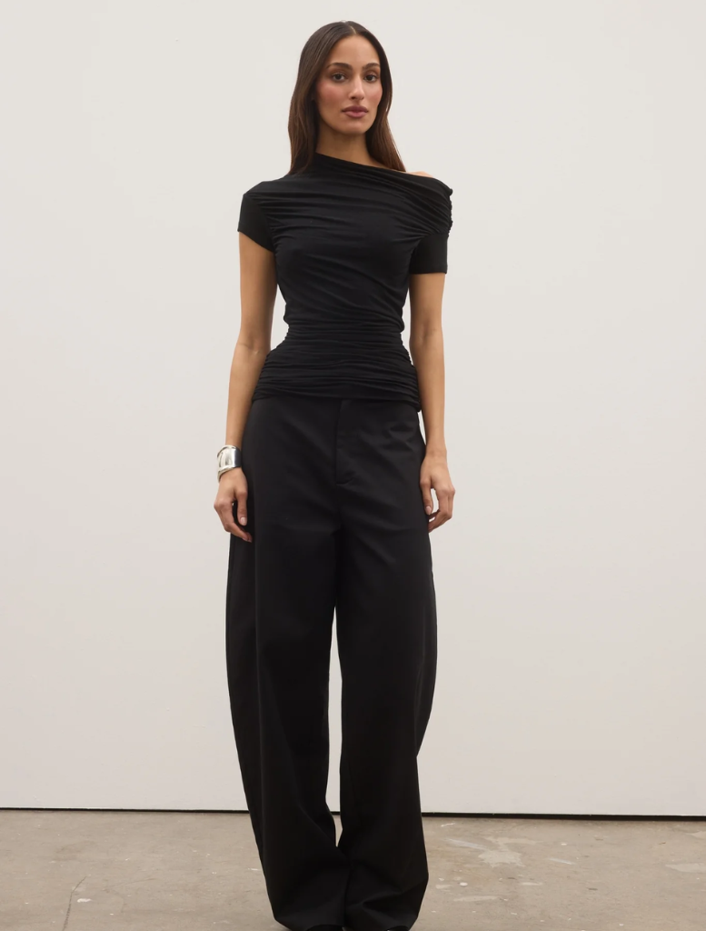 Shadow-colored Monica Top, showcasing a modern cut and stylish look, ideal for versatile wardrobe styling.