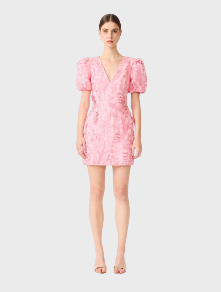 Pink Monique puff sleeve mini dress featuring a fitted bodice and flared skirt, perfect for casual or semi-formal occasions.