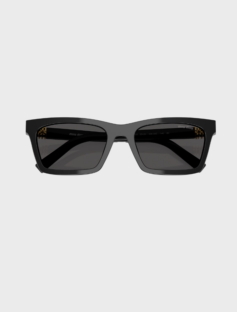 MU A05S 16K08Z 55 sunglasses in black and grey, featuring a contemporary design, displayed prominently.