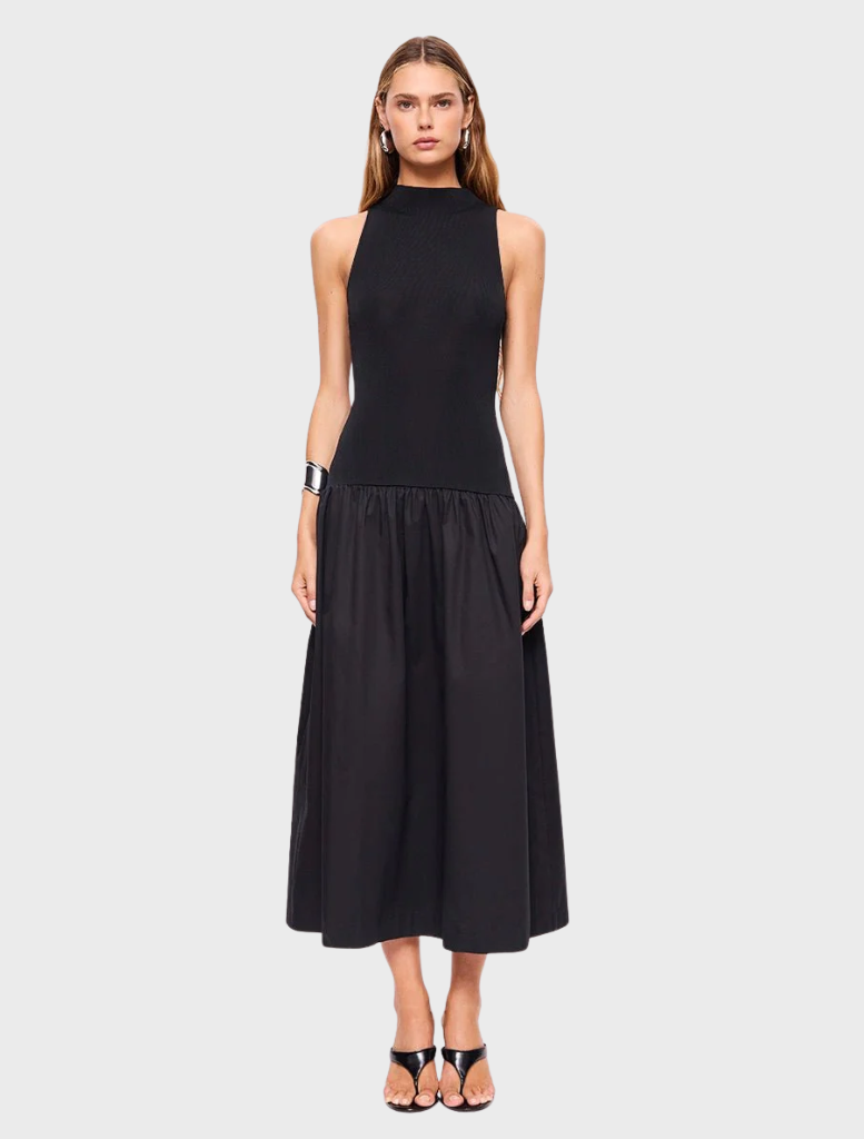 Black high neck maxi dress featuring a flowing silhouette and elegant design, perfect for formal or casual occasions.
