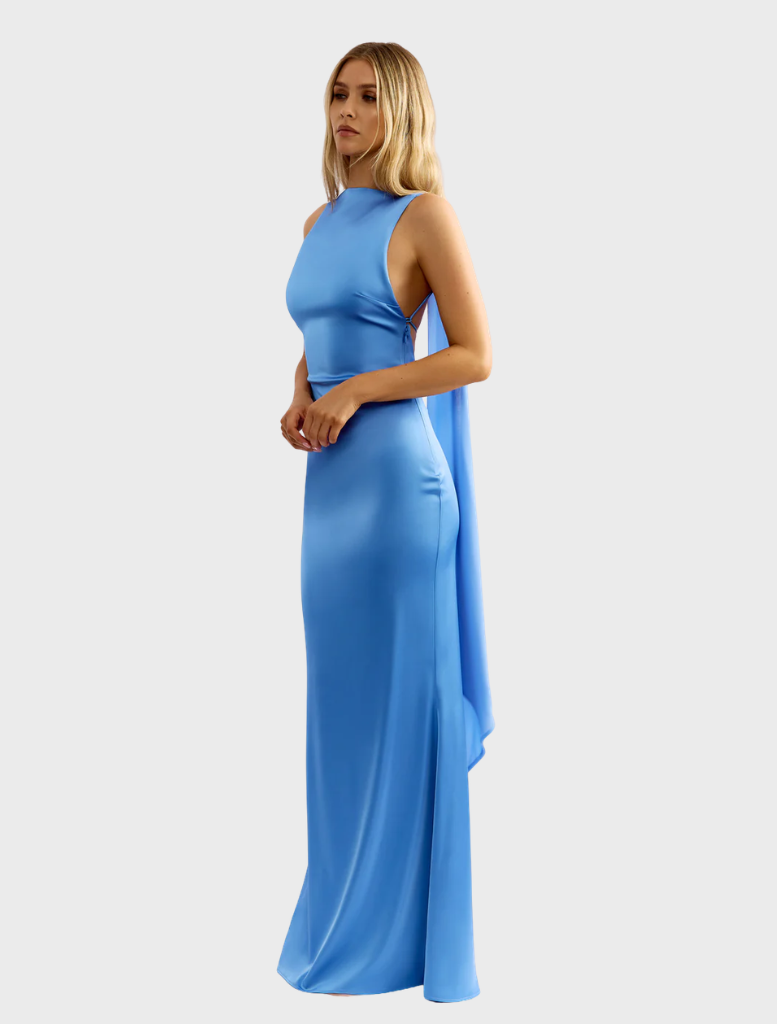 Ocean blue Audrey dress displayed on a mannequin, featuring a fitted bodice and flowing skirt.