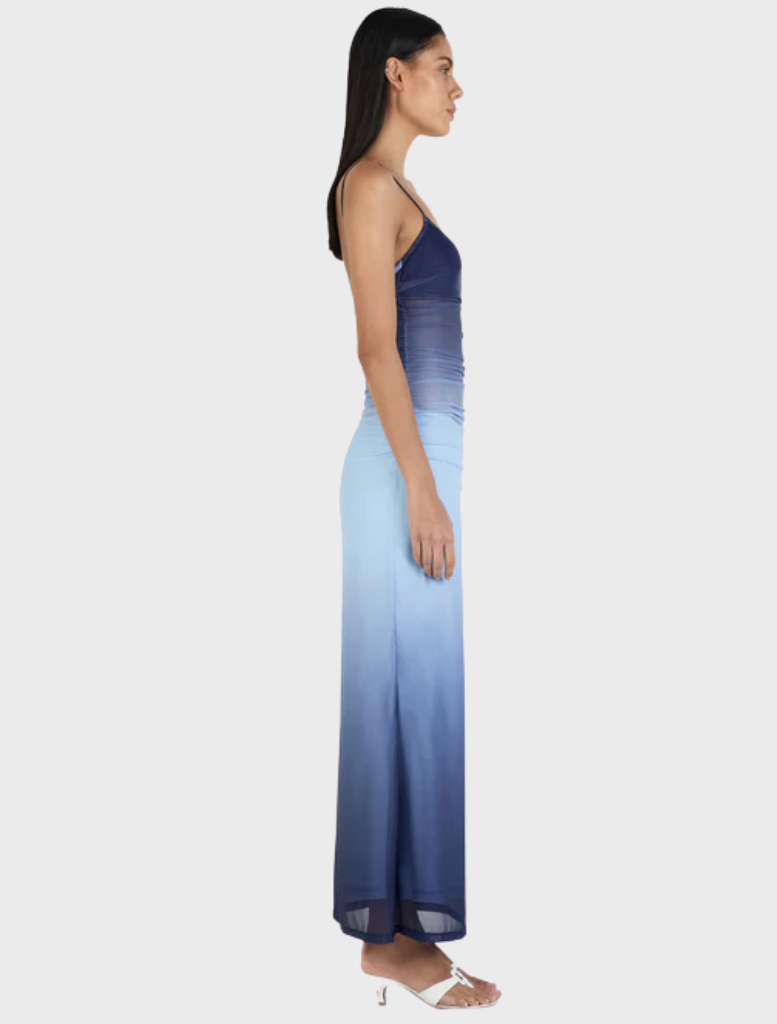 Arabella midi dress showcasing an ocean gradient, with a graceful silhouette in soothing shades of blue and green.