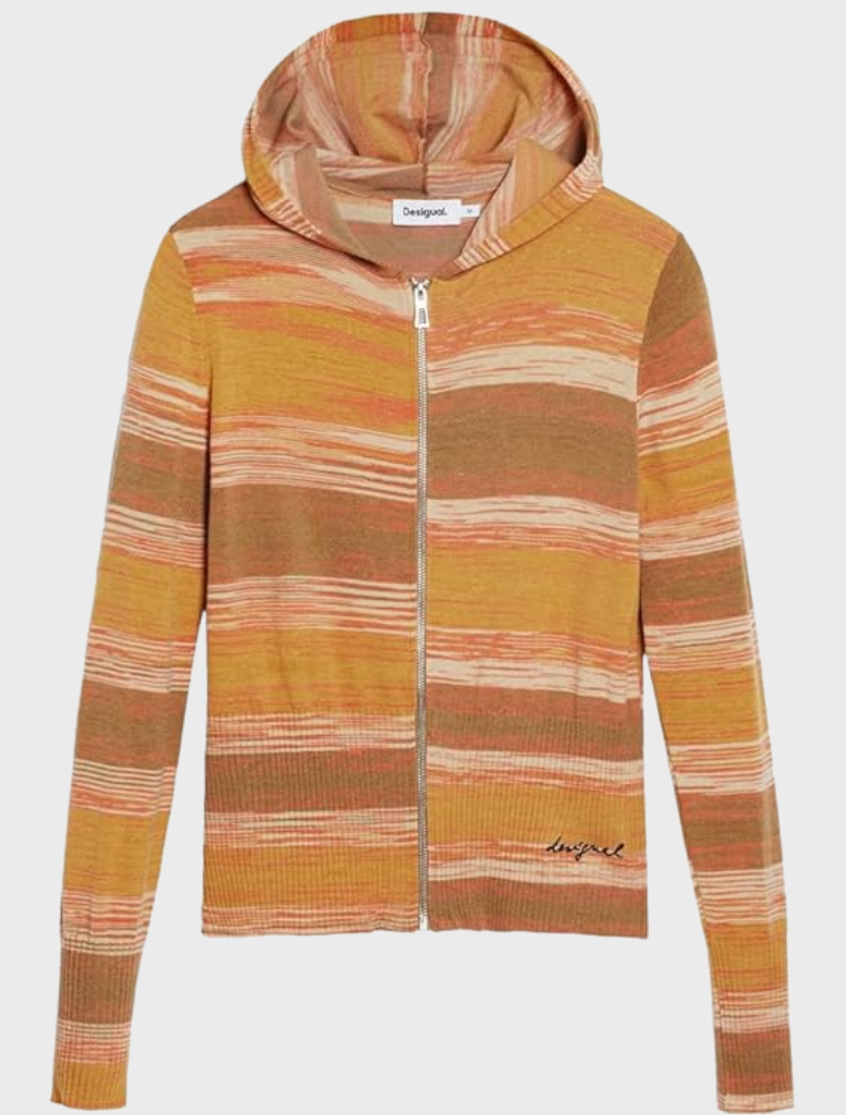 Orange hoodie for women showcasing a striped design, blending comfort with contemporary style.