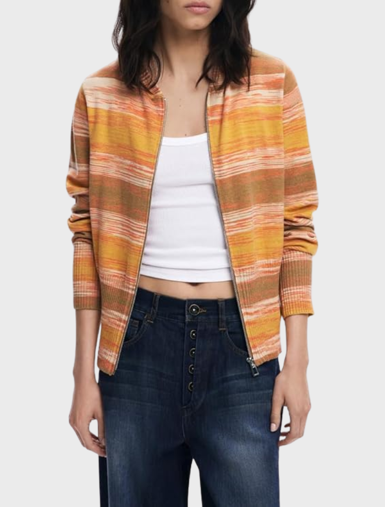 Women's orange hoodie featuring a stylish striped design, perfect for casual wear and comfort.