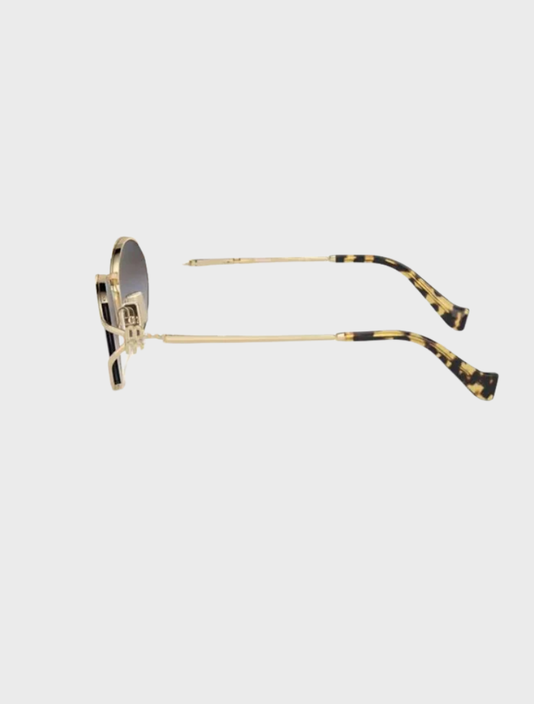 Elegant sunglasses with a gold metal frame and dark black lenses, perfect for a chic summer look.