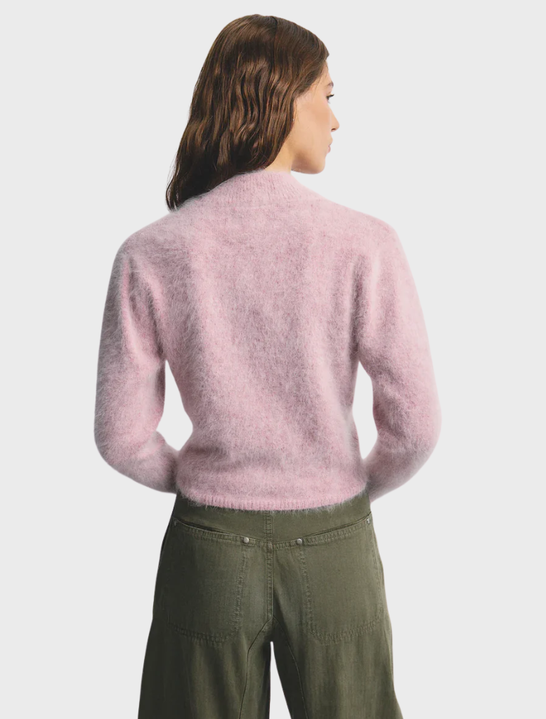 Petal Cloud Bella Cashmere Cardigan, a lightweight and elegant piece in a delicate pink shade for versatile wear.
