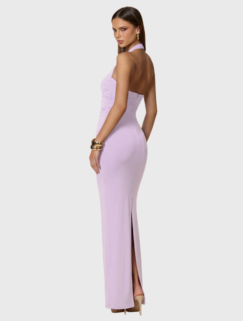 Elegant lilac maxi dress featuring a halter neck, gold ring accents, and ruching, made from soft stretch jersey fabric.
