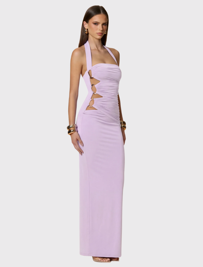 Lilac halter maxi dress with gold ring detailing, soft cut-outs, and ruching, crafted from slinky stretch jersey.