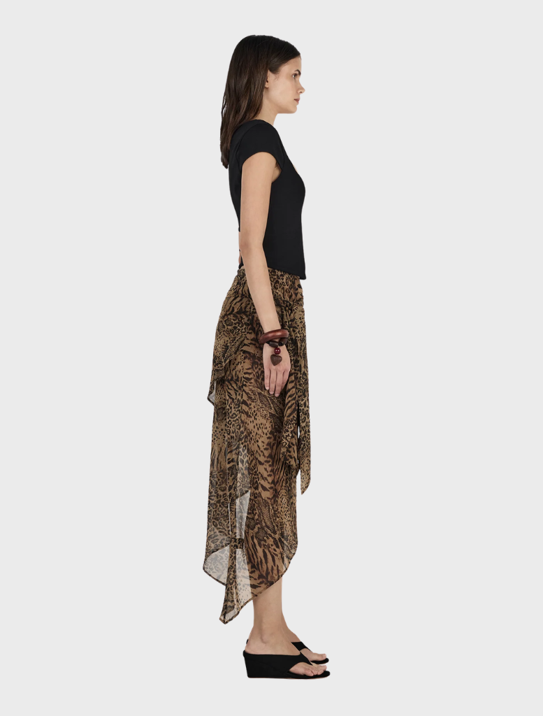 Phaedra Skirt in Sirocco features a stylish leopard print fabric design.
