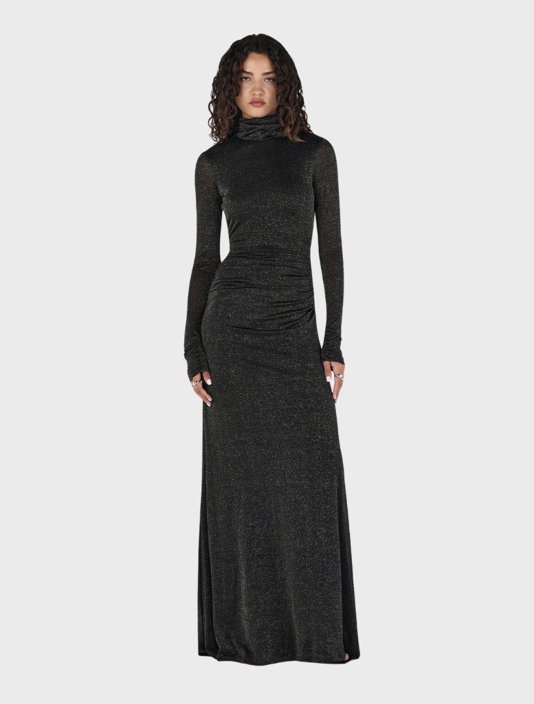 Charcoal lurex maxi dress showcasing a stylish design, suitable for evening wear and sophisticated events