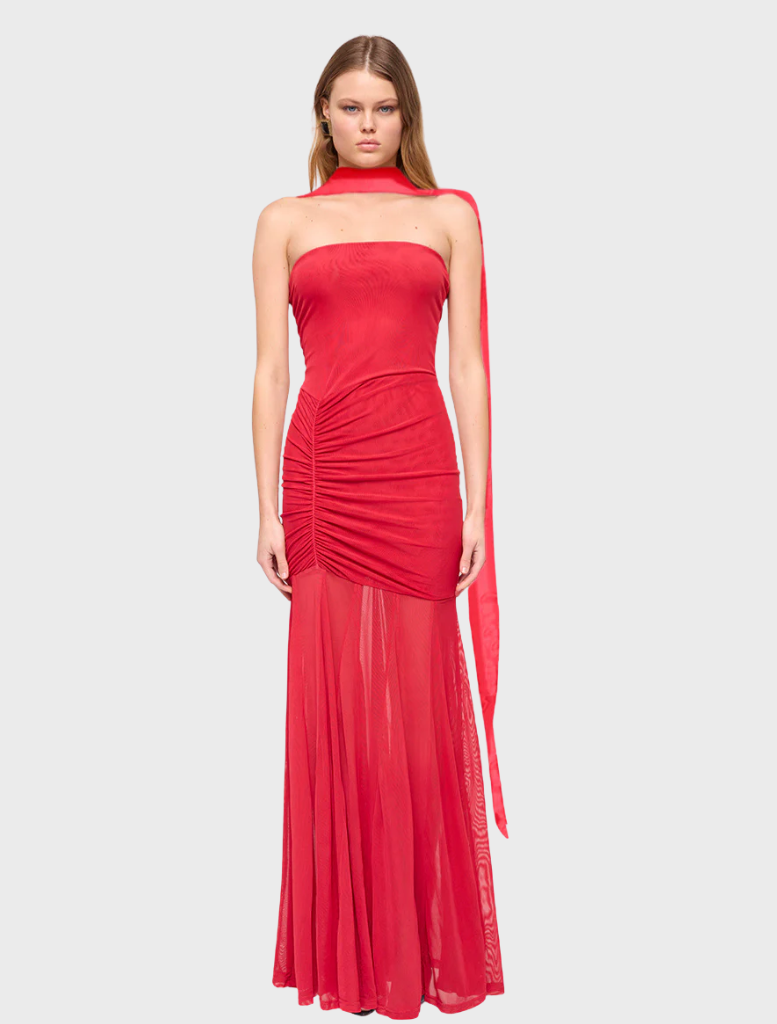 Red Phoenix Bustier Maxi Dress featuring a fitted bodice and flowing skirt, perfect for formal occasions or summer events.