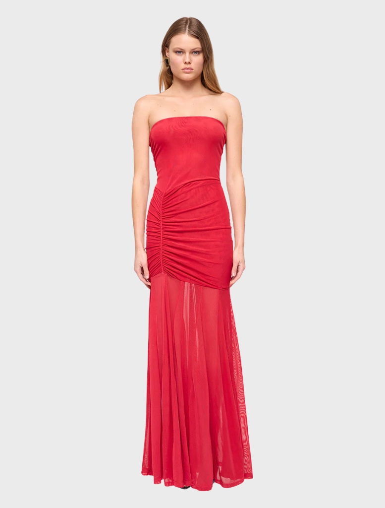 Stunning red Phoenix Bustier Maxi Dress showcasing a fitted top and a graceful maxi length, suitable for evening wear.