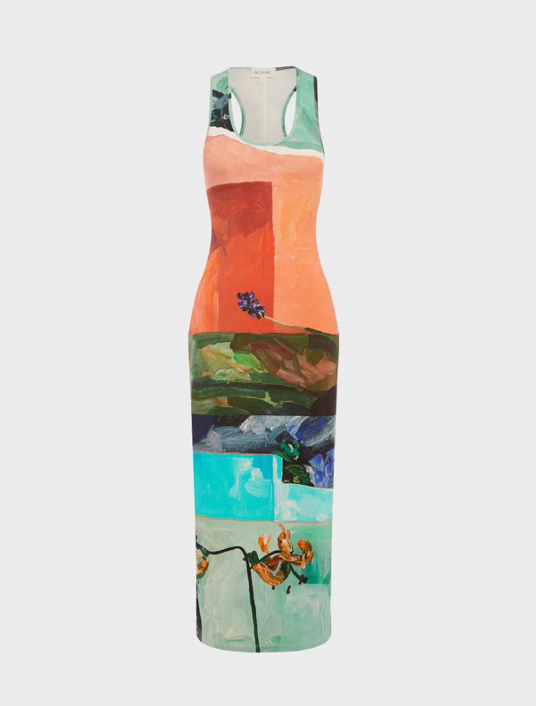 A woman dressed in a colorful floral dress stands out, with various flowers beautifully displayed on her outfit.