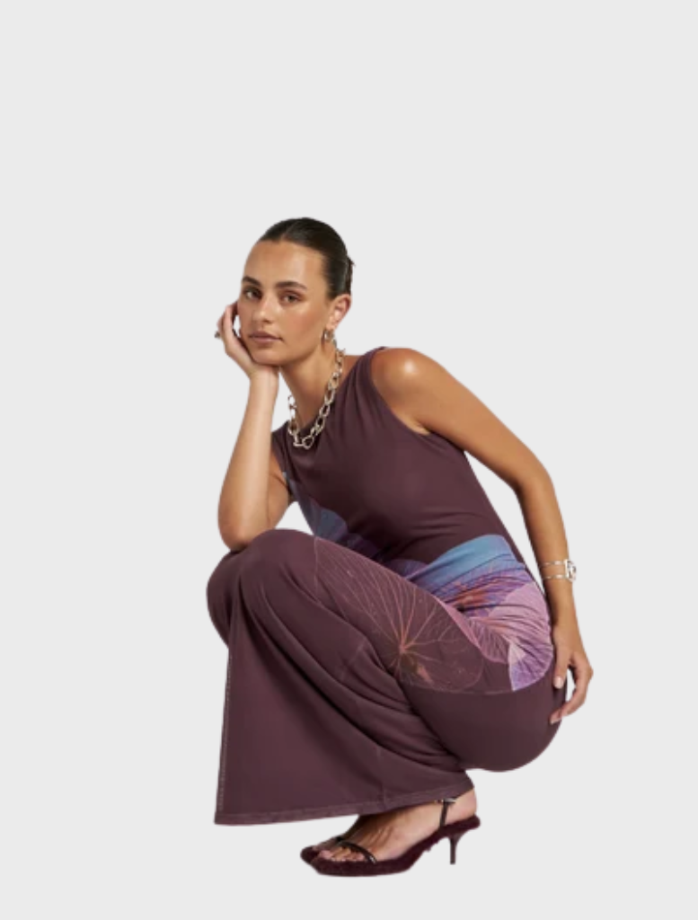 Elegant maxi slip dress featuring exclusive Phoria artwork of translucent nasturtium leaves in celestial tones.