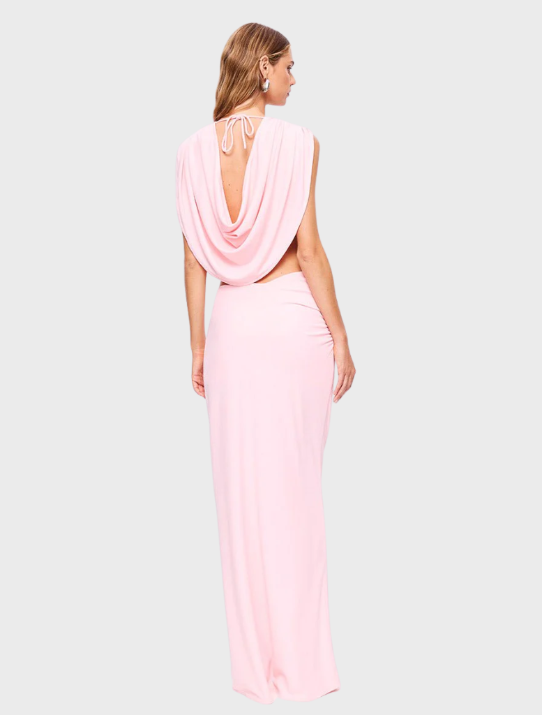 Sophisticated pink Jasmine gown with draped fabric and stylish cutouts, ideal for evening events.