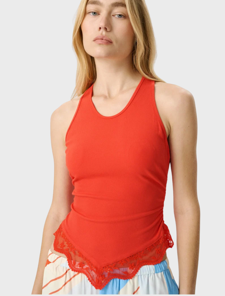 Pippi Tank Top in Poppy, featuring a scoop neckline, racerback design, and lace trim for a sophisticated resort look.