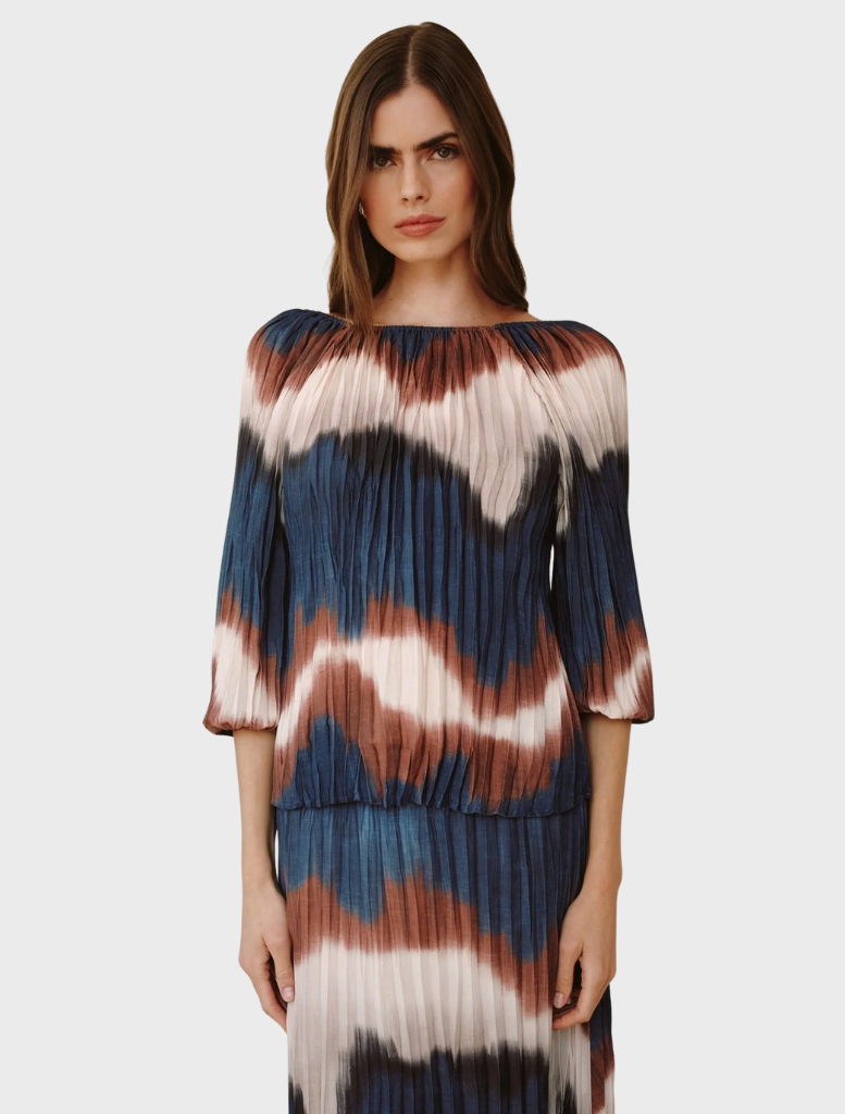 Stylish pleated blouse with 3/4 bubble sleeves, showcasing a colorful Midnight Tides print in oceanic hues.
