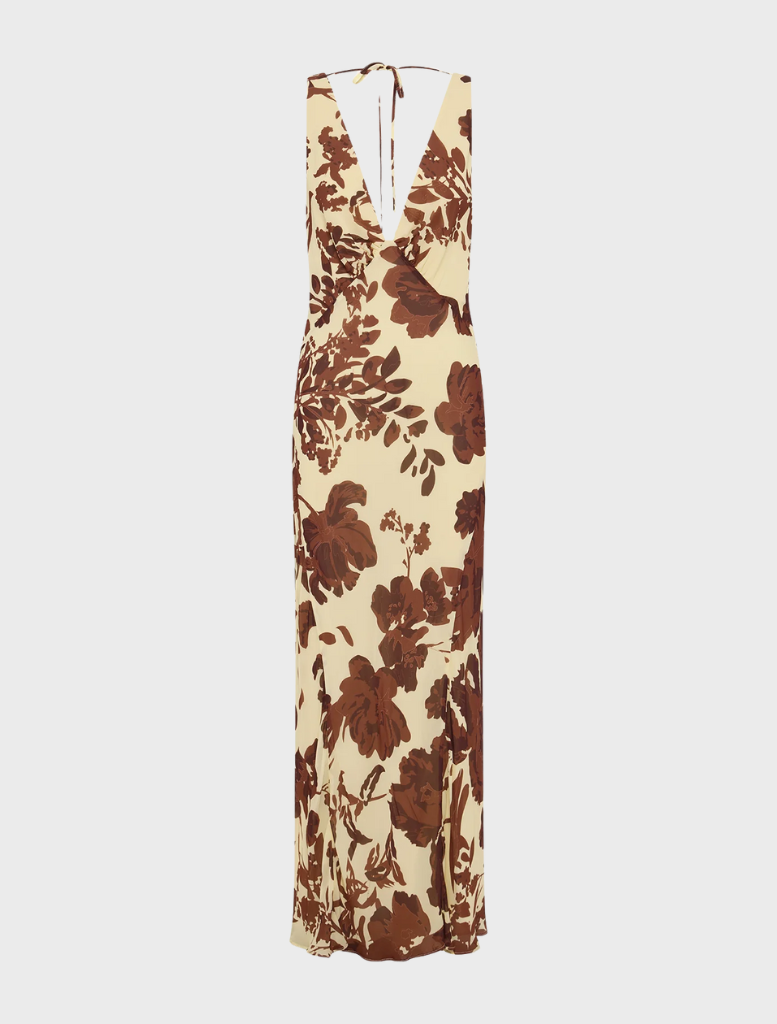 Elegant Noa Plunged Maxi Dress adorned with a colorful Pineapple Wallflower design, perfect for warm-weather events.