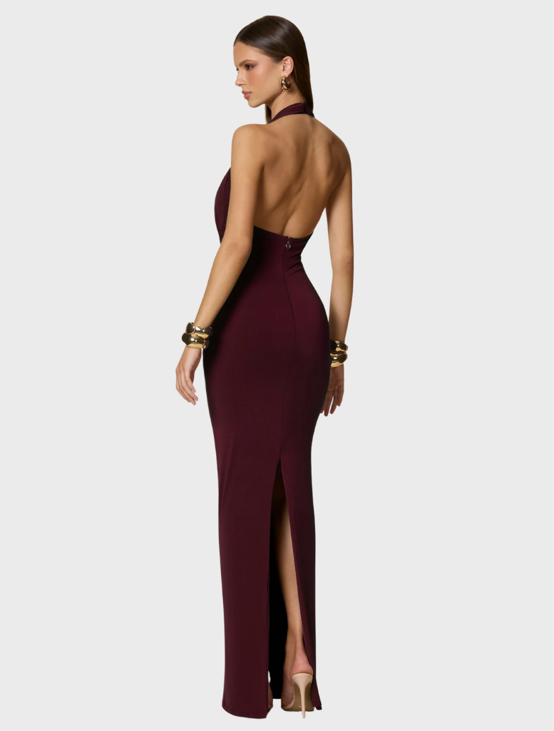 Chic wine Portia Halter Maxi dress, designed with a flowing skirt and halter top, ideal for evening wear or formal gatherings.