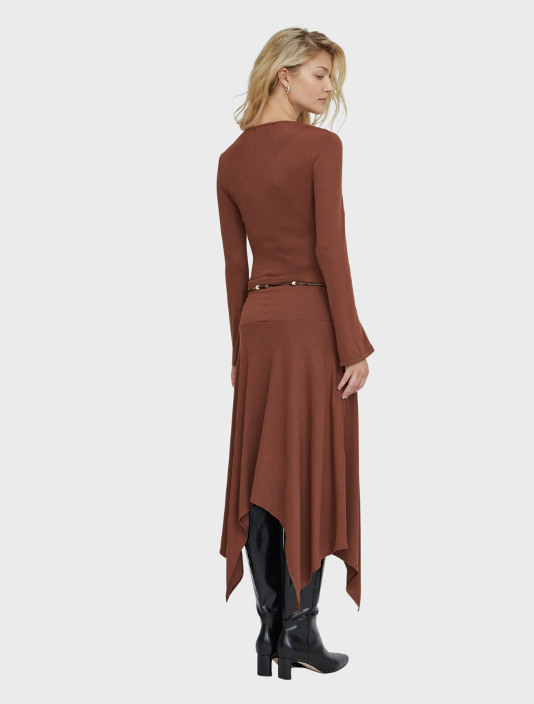 Elegant espresso Prism blouse draped on a mannequin, illustrating its sophisticated style.