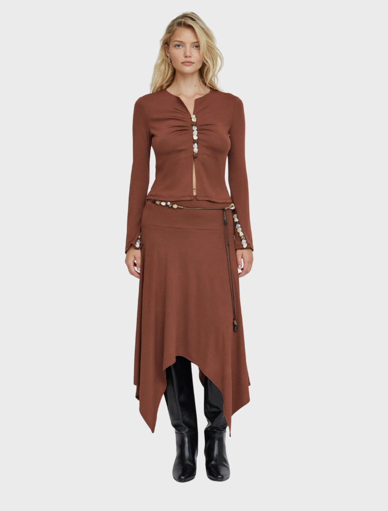 Espresso handkerchief skirt in fine rib jersey with asymmetric hem and removable gemstone belt for added texture.