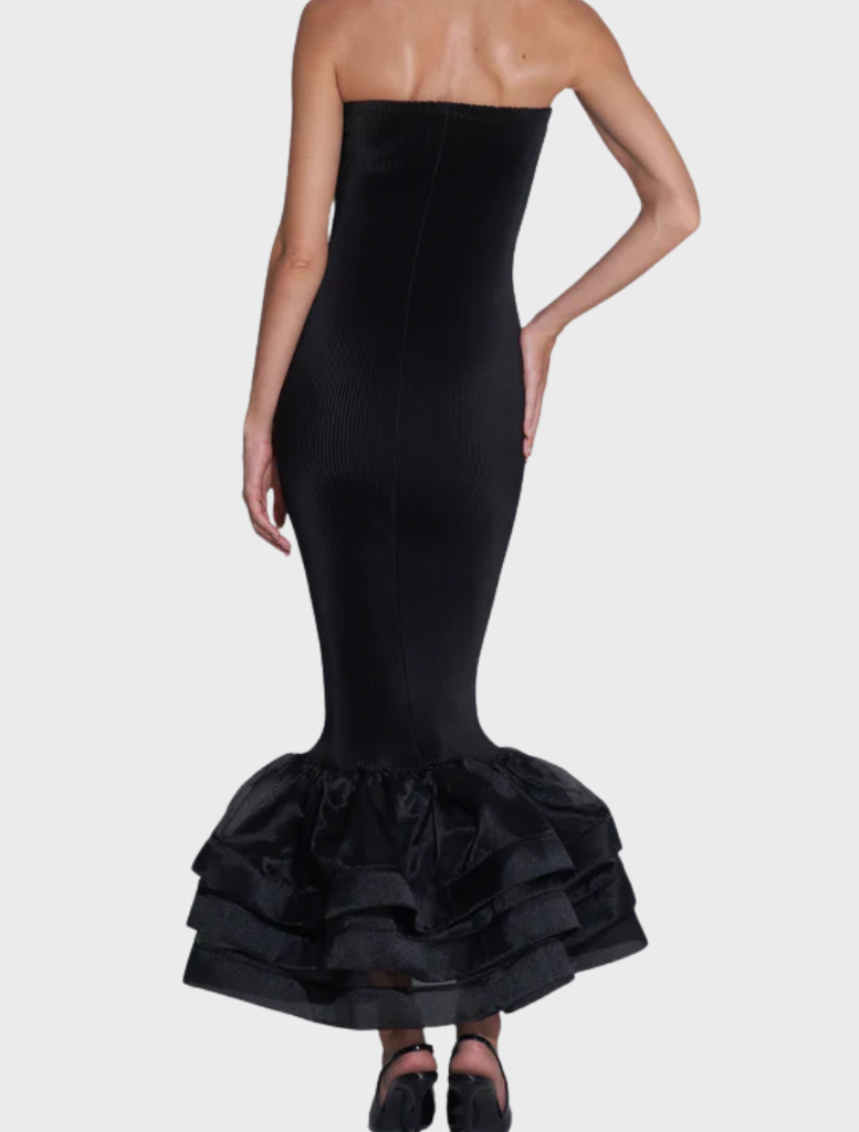 Timeless black Ramblas dress designed with a refined silhouette and flowing details, great for upscale events.