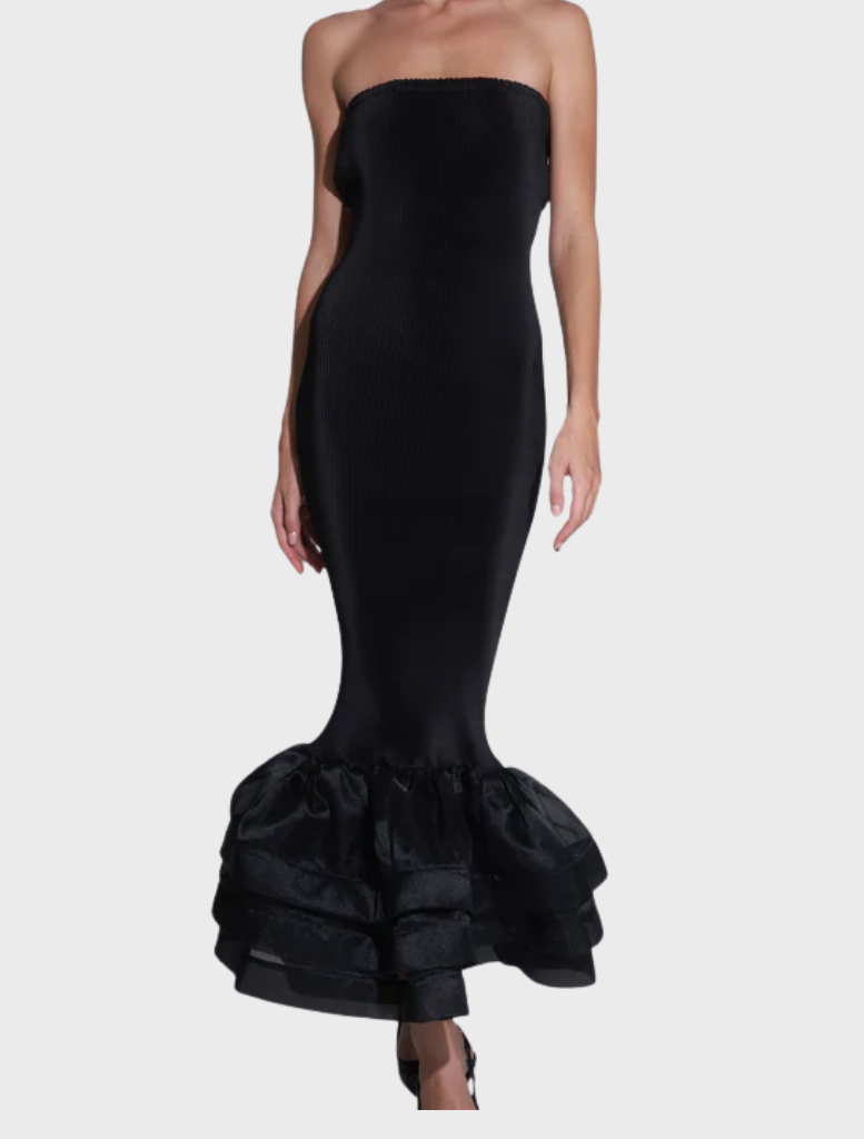 Sophisticated noir Ramblas dress with a flattering shape and elegant movement, perfect for special occasions.