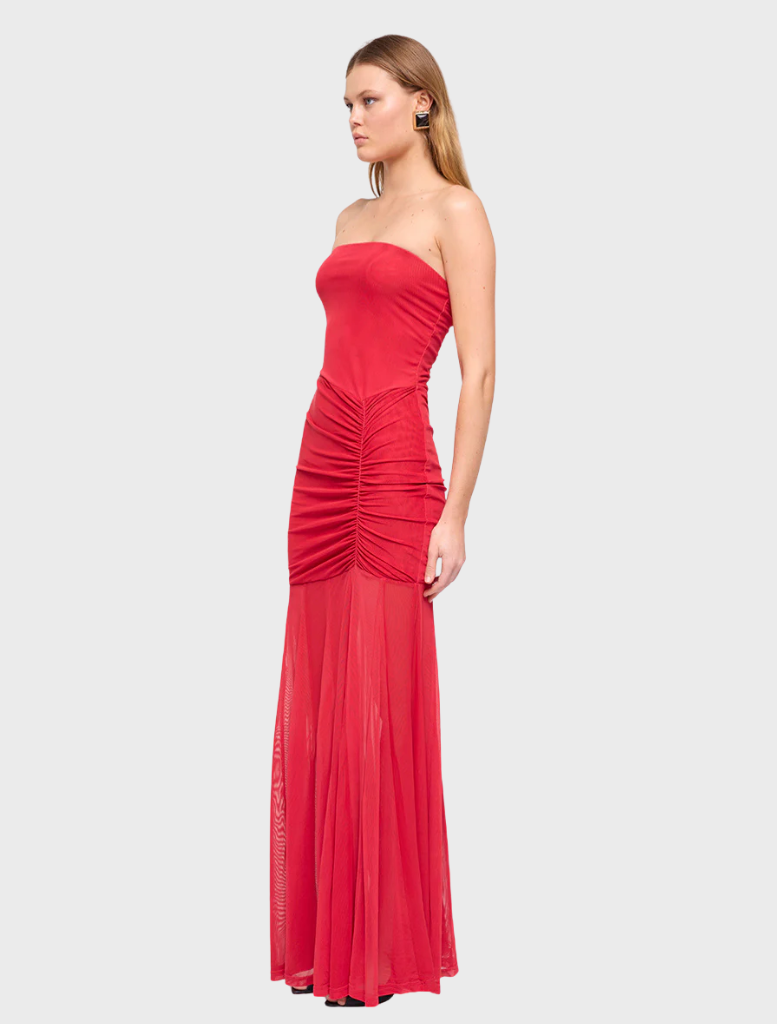 Fashionable red Phoenix Bustier Maxi Dress featuring a sleek bodice and a flowing silhouette, great for formal events.