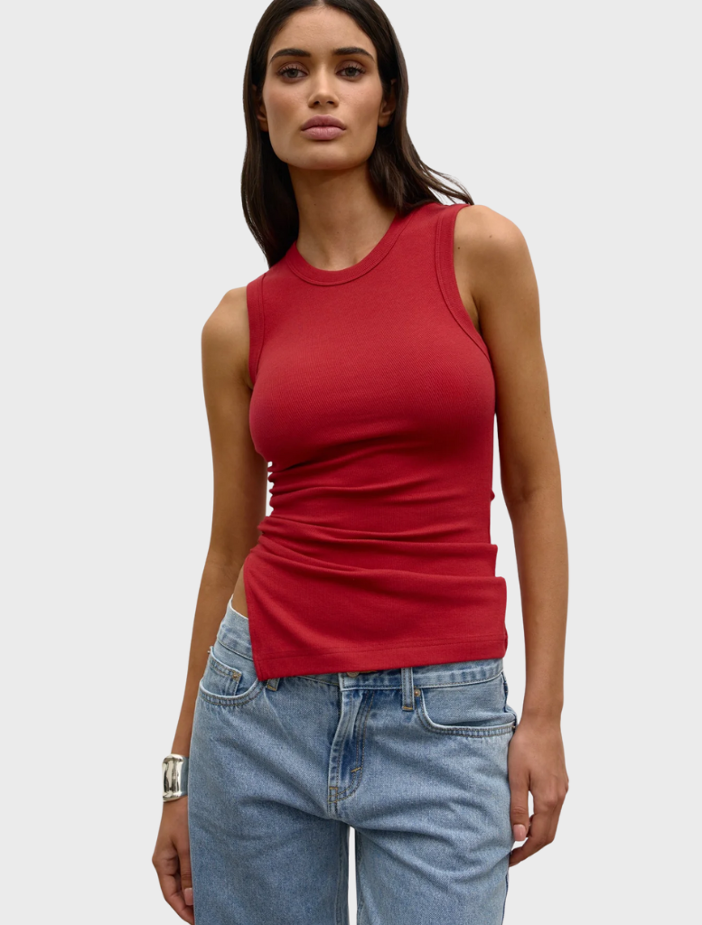 Elegant red Lana Rouched Tank with a flattering fit, ideal for layering or wearing alone in warm weather.