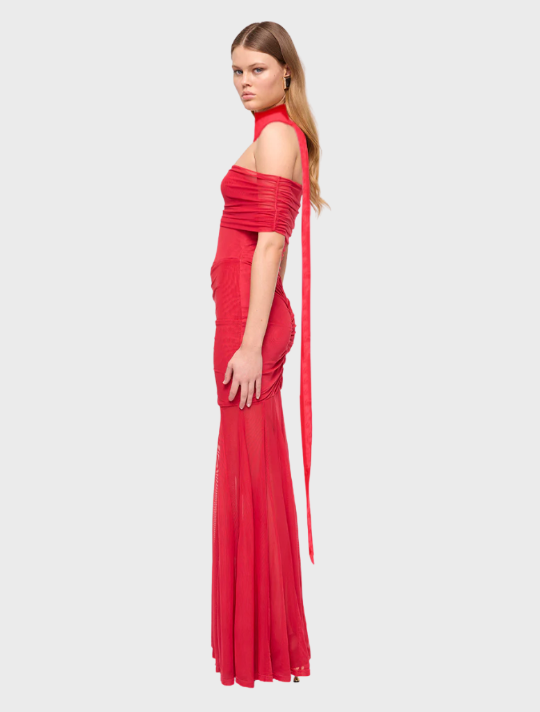 Stunning red Phoenix Bustier Maxi Dress showcasing a fitted top and a graceful maxi length, suitable for evening wear.