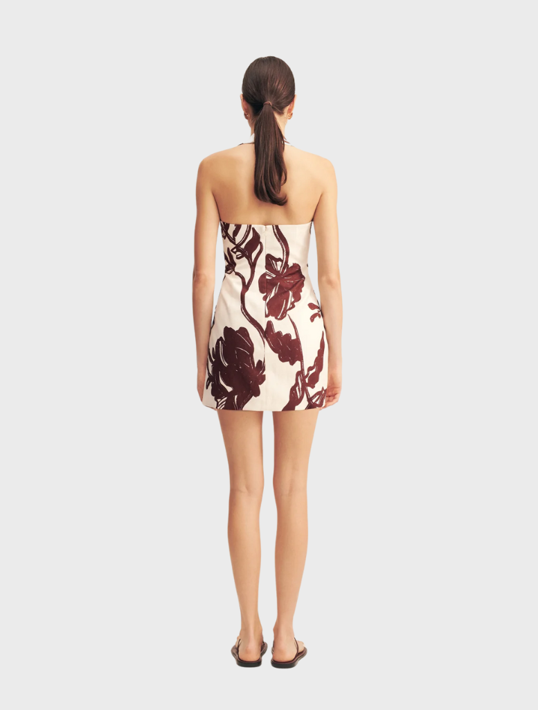 Emmett Halter Draped Mini Dress in redwood wallpaper style, characterized by a halter neck and graceful draped detailing.