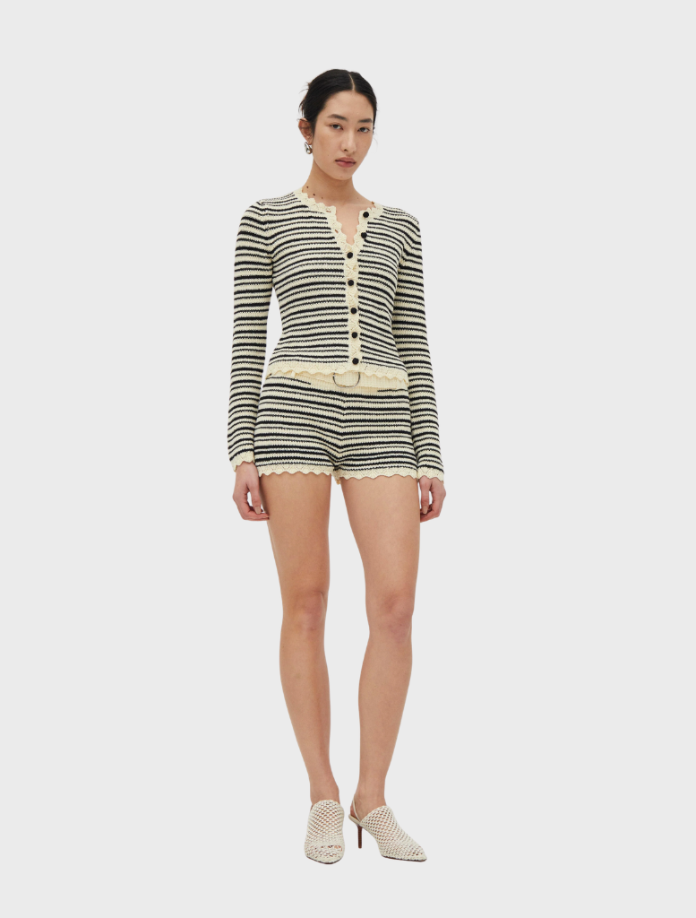 Cream and coffee knit shorts with a belt, offering a chic and comfortable option for warm weather attire.