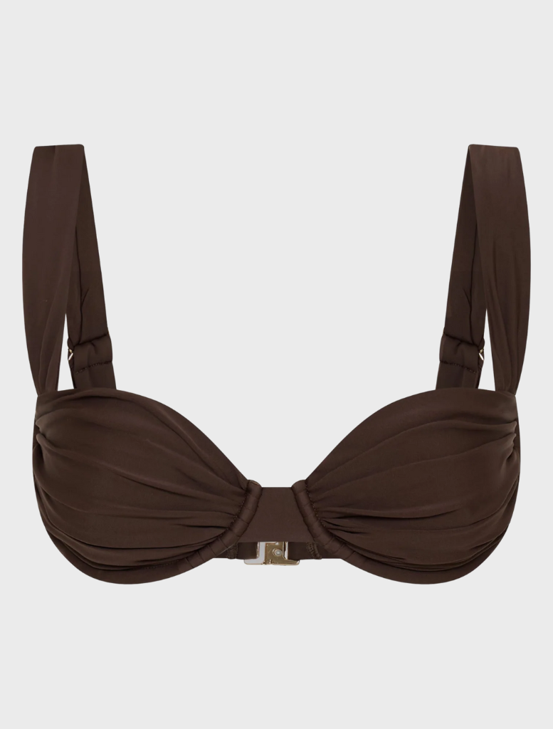 Chocolate Rhodes top displayed on a hanger, featuring a sleek design and soft fabric texture.