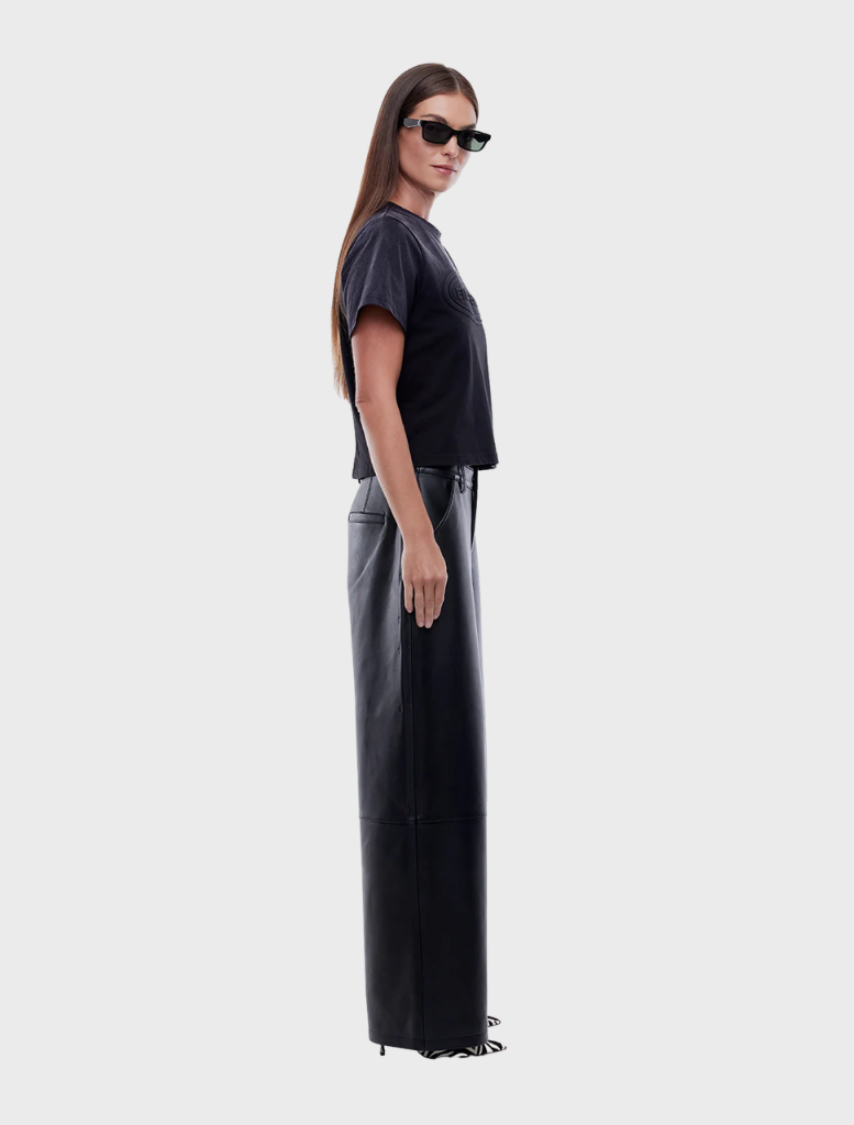 Chic black leather pants showcasing a contemporary design, ideal for enhancing any outfit with a touch of sophistication.
