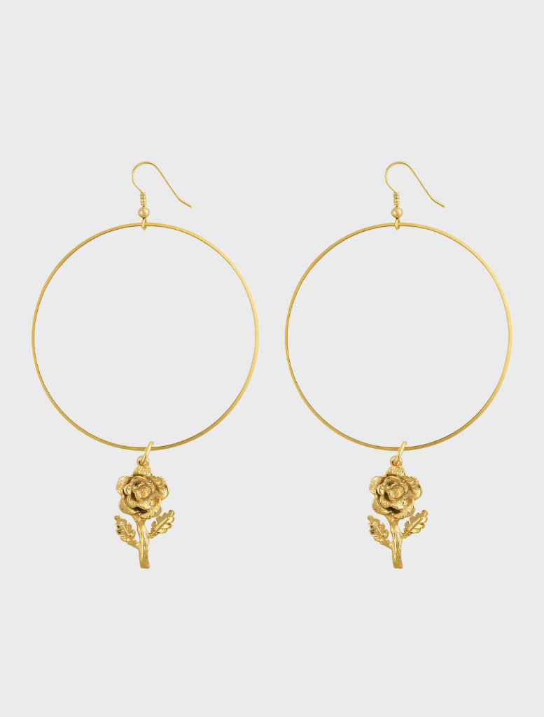 Gold hoop earrings featuring a delicate rose charm, named Rosa Linda Earrings.