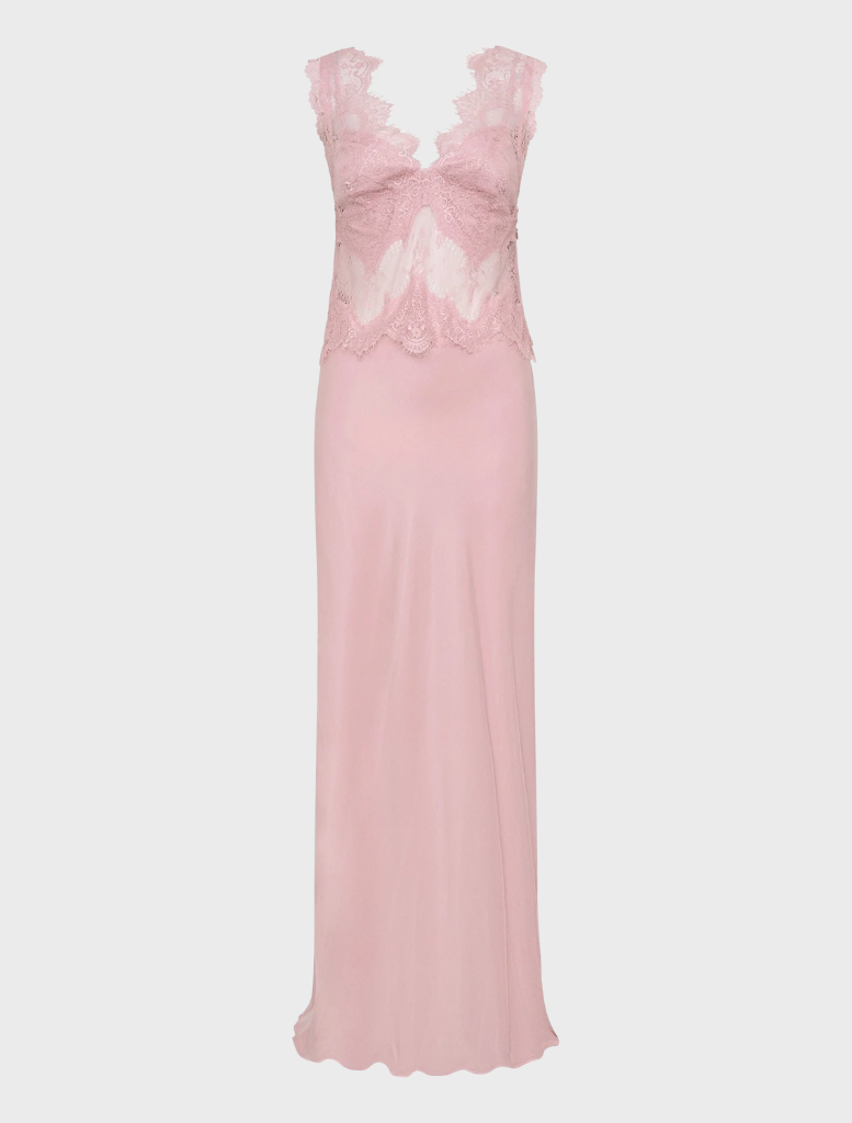 Beautiful rose-colored lace dress reaching the floor, showcasing a sophisticated style for formal celebrations.