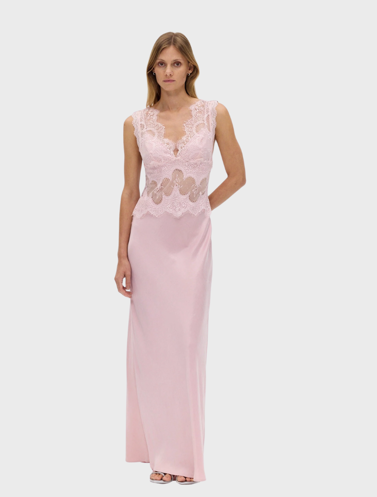 Floor-length rose dress featuring delicate lace design, ideal for evening wear and formal gatherings.