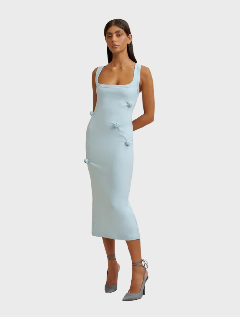 Stretch crepe midi dress in ice blue, designed with tucks and a 3D rosette, featuring an invisible zip at the back.